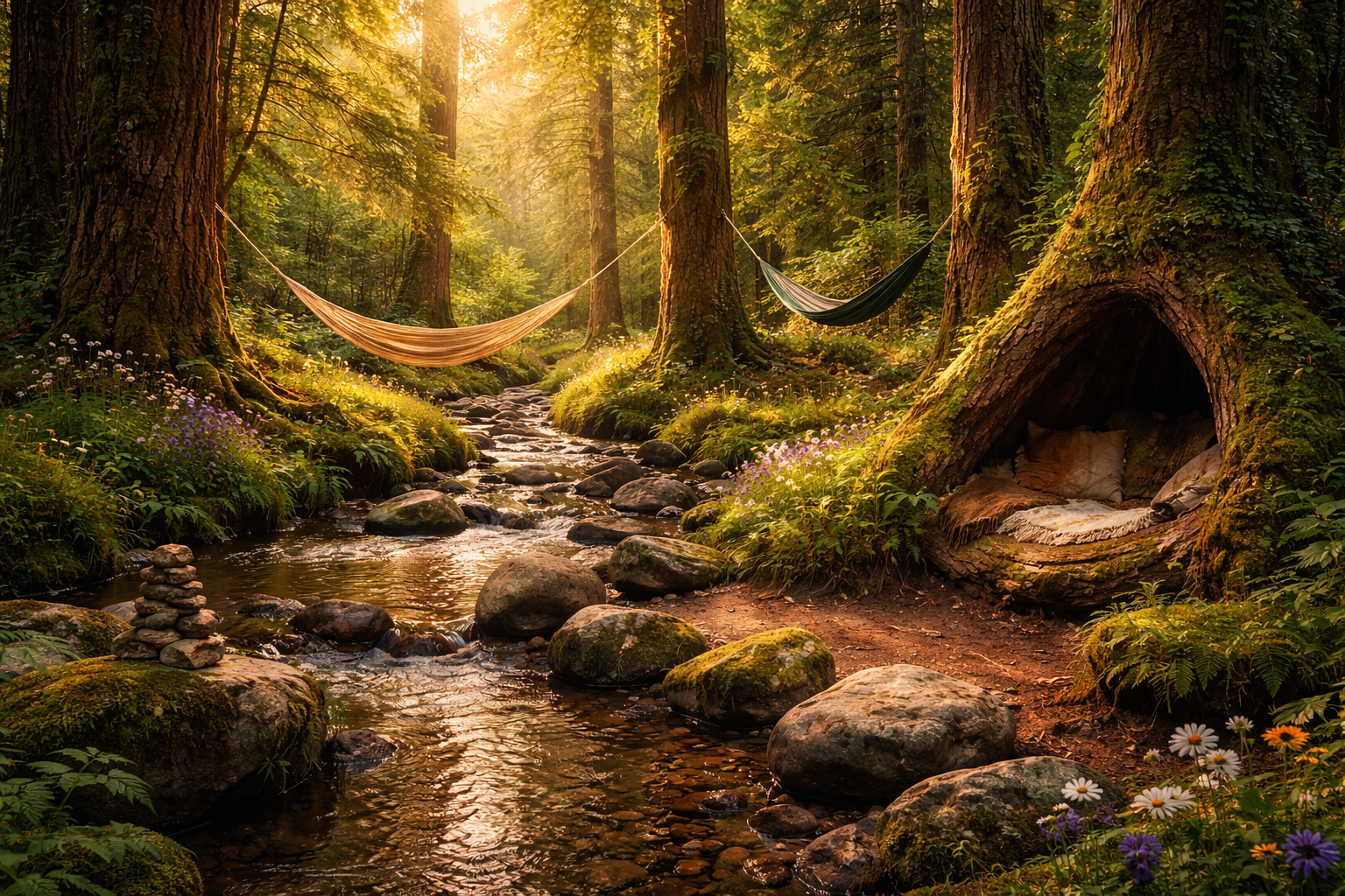 Forest clearing with hammocks and golden light